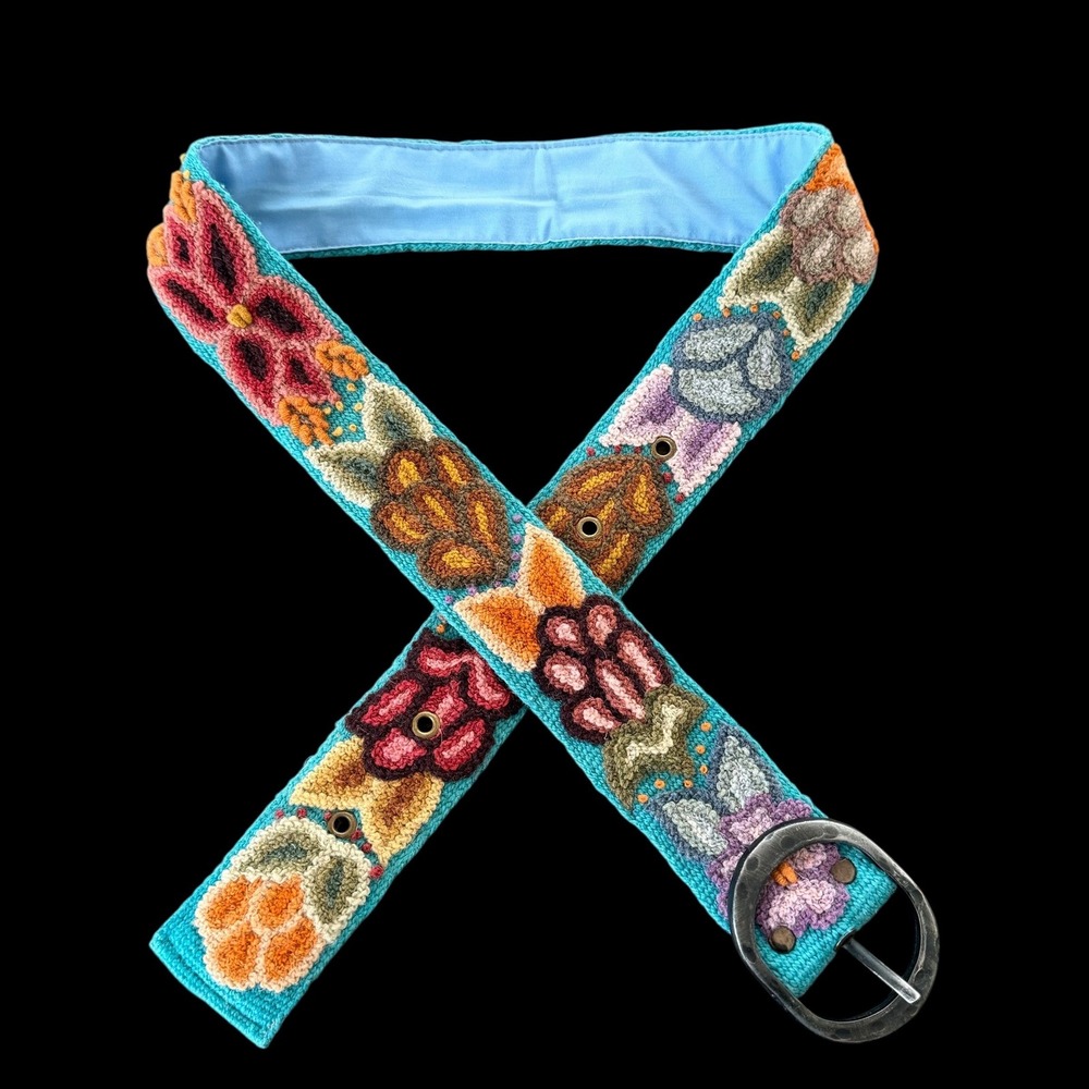 Inka Traditions Peru 100% Sheep Wool Floral Embroidered Boho Belt Turquoise‎